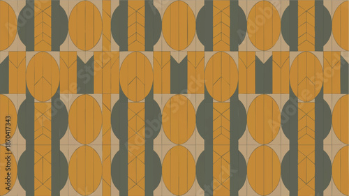 Retro geometric tile pattern in mustard yellow and teal green, seamless mid century modern background for interior decor and branding