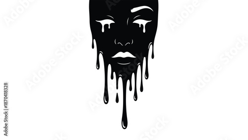 Abstract black face mask melting and dripping like liquid, symbolizing sadness and distress.