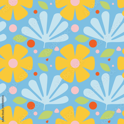 Elegant seamless pattern with mixed flowers and green leaves, botanical floral background design for fashion prints and interior decoration.
