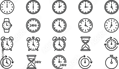 Collection of outline icons representing various time concepts, analog clocks, hourglasses, timers, and alarm clocks, useful for scheduling, deadline management, and business projects.