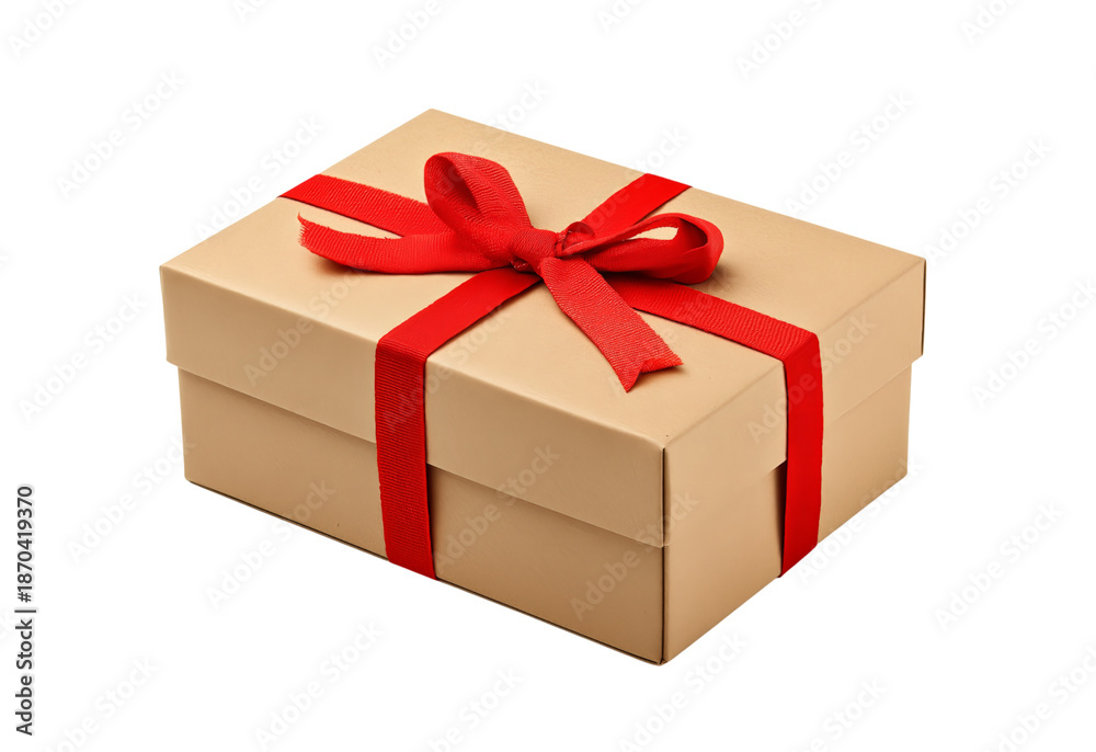 Obraz premium Kraft paper gift box with red ribbon and bow isolated on a transparent background present packaging
