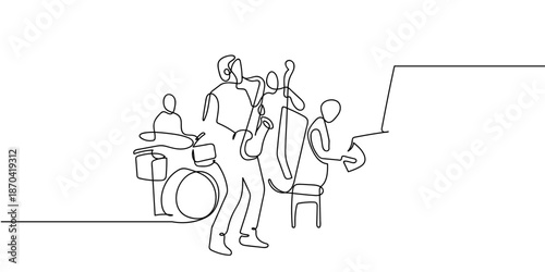 A continuous art style a jazz band with the main character playing the saxophone. line art on transparent background Editable stroke.