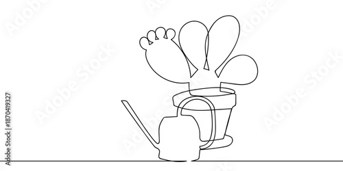 Continuous line art of a cactus in a pot and a watering can. line art on transparent background Editable stroke.