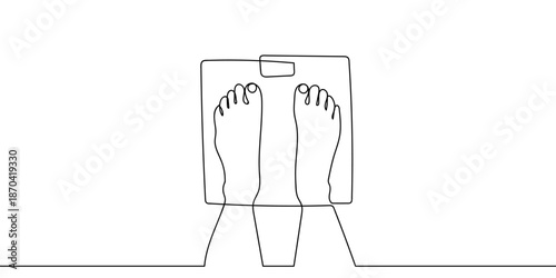 A continuous line of art a person weighing themselves on a digital scale, top view. line art on transparent background Editable stroke.