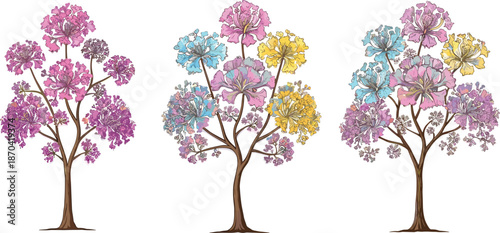 Colorful blossom trees illustration, artistic floral design, vibrant spring nature, decorative botanical artwork, whimsical blooming garden, fantasy landscape, digital tree drawing, seasonal beauty