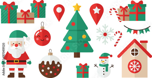 Colorful Christmas illustration set with Santa, gifts, tree, snowman, ornaments, candy canes, holiday icons, festive winter decoration elements, vector design