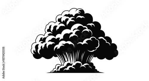 A dramatic black cloudburst depiction with swirling forms and a textured appearance silhouette