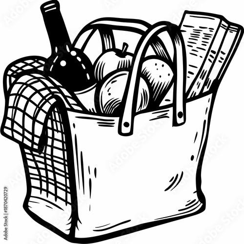 A charming black and white illustration of a picnic basket filled with goodies