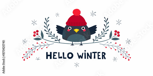 A charming illustration of a winter bird wearing a red hat and foliage