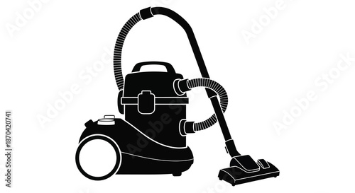 A striking black silhouette of a classic canister vacuum cleaner with a hose and floor nozzle silhouette