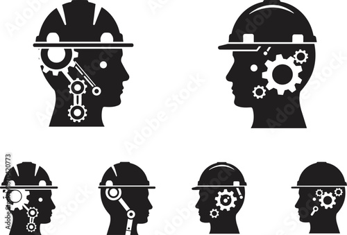 Construction helmet heads, gears inside brain, engineering thinking, industrial design, teamwork, innovation, machinery, technology, workers, mechanics, planning, industry