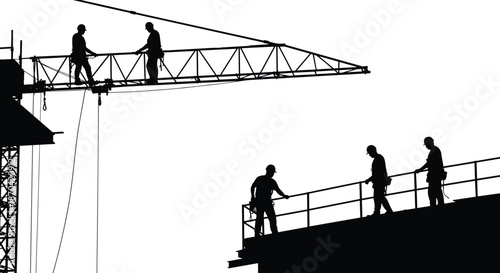 Construction site silhouette, industrial worker artwork, crane structure design, building safety illustration, teamwork labor infrastructure art