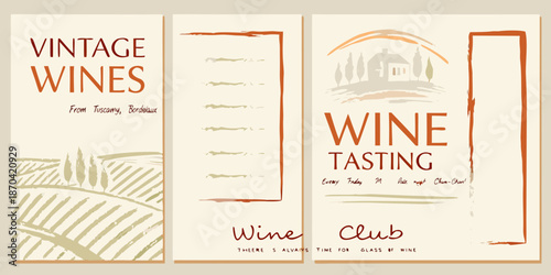 Vintage wine posters featuring typography landscapes and tasting event details