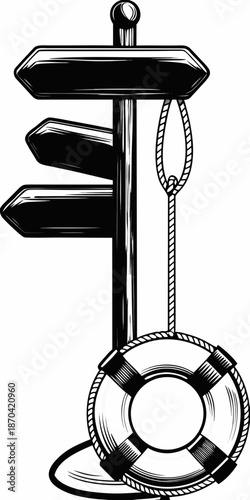 Vintage nautical signpost with directional arrows and a life preserver