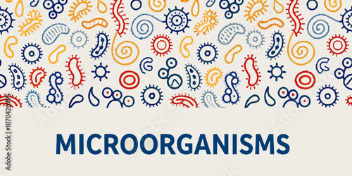 Colorful pattern of various microorganisms displayed on a light background
