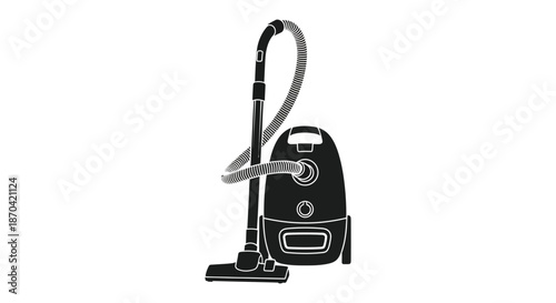 A striking black and white illustration of a household vacuum cleaner rendered as a silhouette