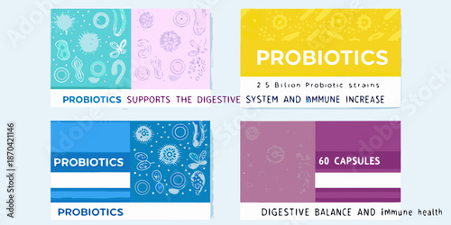Colorful probiotic packaging designs featuring microscopic organisms and health benefits