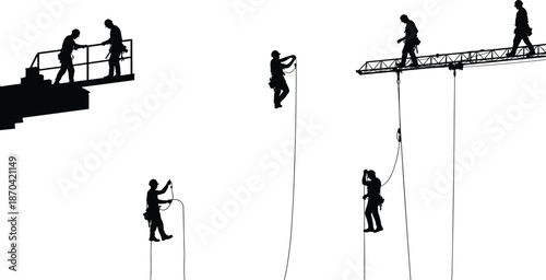 Construction worker silhouette, industrial safety harness artwork, rope access design, teamwork labor illustration, high-risk job art