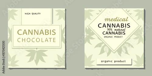 Cannabis chocolate packaging designs with organic leaves and medical labeling