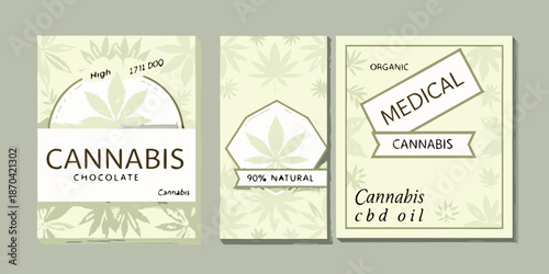 Cannabis chocolate and cbd oil product packaging designs with leaf illustrations
