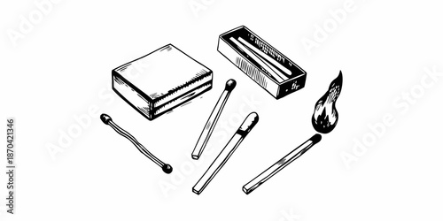A sketch depicting a matchbox several matches and one lit match