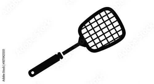 A striking black and white depiction of a handheld electric fly swatter a simple silhouette