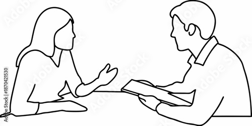 A simple line drawing depicting two people in a conversation