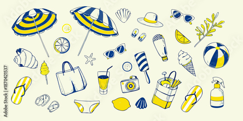 A vibrant summer collection featuring beach essentials in blue and yellow hues
