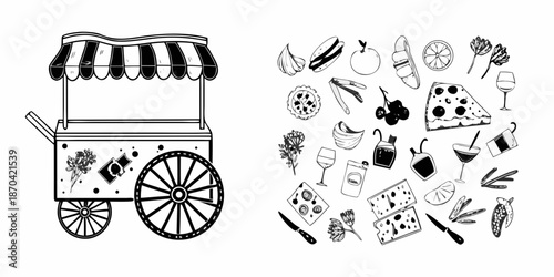 Black and white illustration of a food cart with various snack items