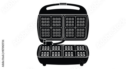 A detailed black silhouette of a waffle maker with multiple square grid patterns silhouette