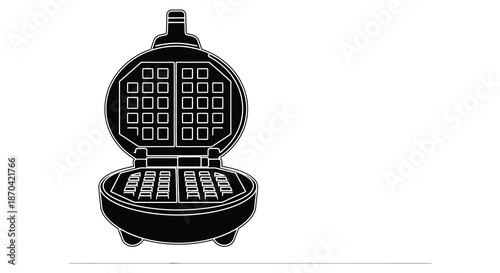 A striking black and white illustration of a classic waffle iron design showcasing its silhouette