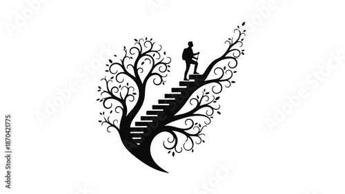 Silhouette of a person climbing stairs emerging from a stylized tree, symbolizing growth and achievement