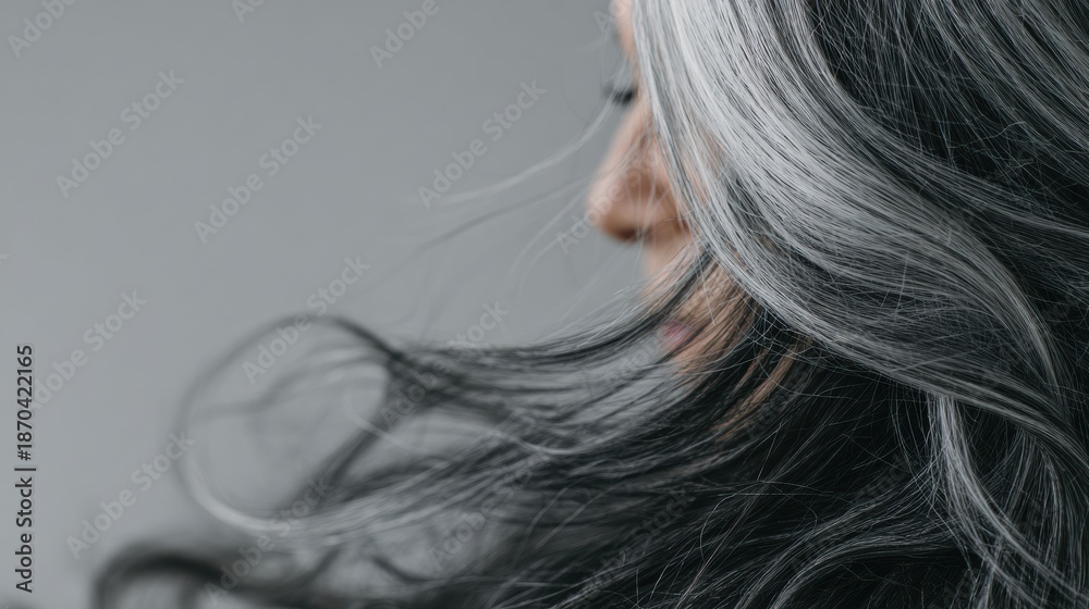 Naklejka premium Transformation From Dull Gray Hair to Vibrant Brunette With Shine and Volume, Showcasing Playful Hair Movement for Color Promotion