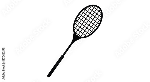 A striking black and white depiction of a tennis racket presented as a clean silhouette