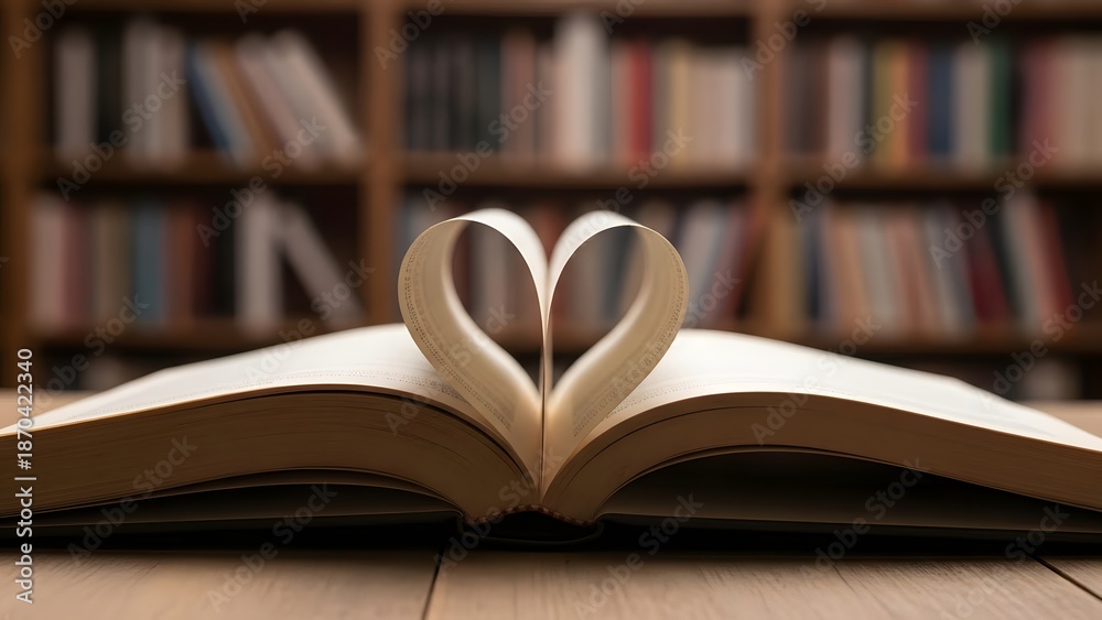 Naklejka premium Heart shaped book page in library