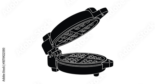 A detailed black and white illustration of a classic waffle maker shown in profile silhouette