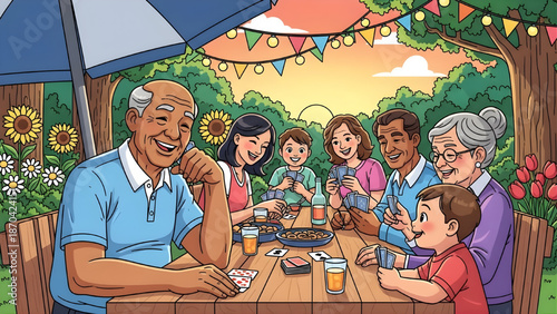 Cheerful Senior Man Playing Cards with Family at Garden Party Vector