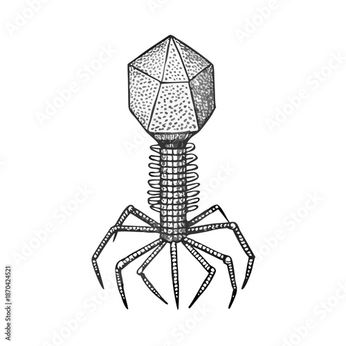 Detailed rendering of a bacteriophage virus structure against a black background