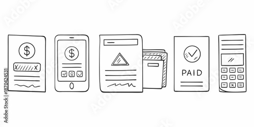 Sketch illustrations of mobile payment transactions and digital finance concepts
