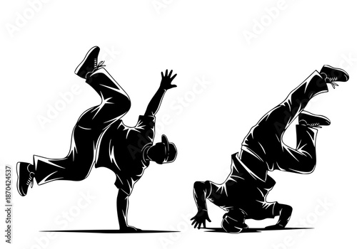 Breakdance Hip Hop Silhouette Street Dance B-Boy Urban Culture Freeze Pose Acrobatic Performance Black Vector Isolated White Background Dancer Movement Energy