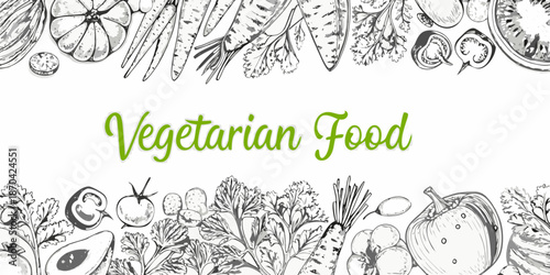 Hand drawn illustration of fresh vegetables fruits and a vegetarian food label
