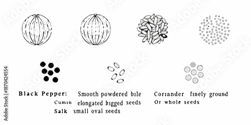 Illustrative botanical drawings of various spices and their seed forms