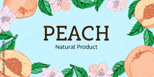 A beautiful peach illustration with blossoms and leaves on a light background