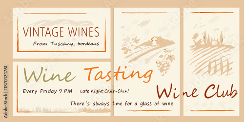 Vintage wines and wine tasting club event promotion with tuscan imagery