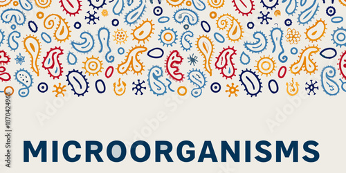 Colorful pattern of various microorganisms and bacteria on a light background