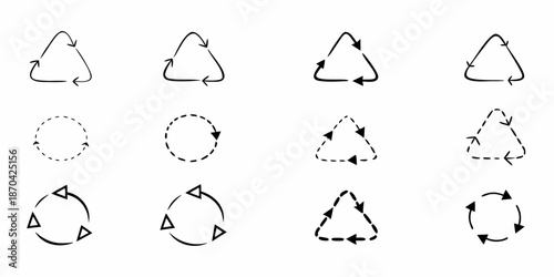 Collection of various recycling symbols and circular arrow icons in black and white