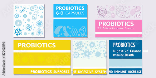 Probiotic supplement packaging designs displaying capsules and digestive health benefits