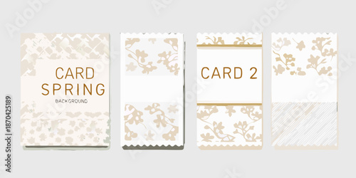 Four spring themed card designs with floral patterns and text overlays