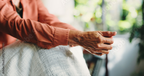 Thinking, anxiety and hands of woman in home for mental health, nervous and ptsd recovery. Trauma rehabilitate, reflection and grief memory with person in apartment for stress, worry and crisis