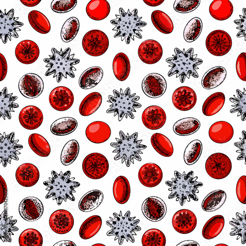 Seamless pattern of red garnet gemstones and decorative silver floral elements